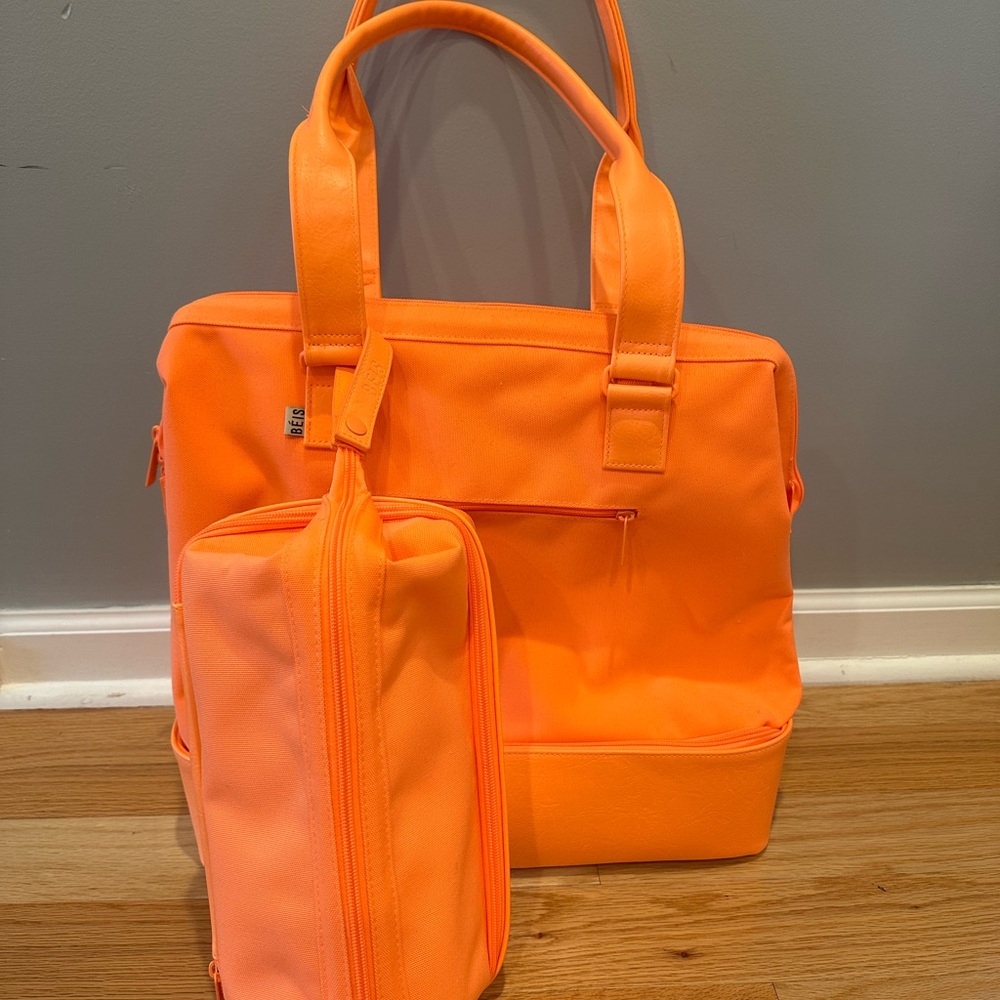 Beis Creamsicle Bright Orange mini Weekender  and Dopp kit